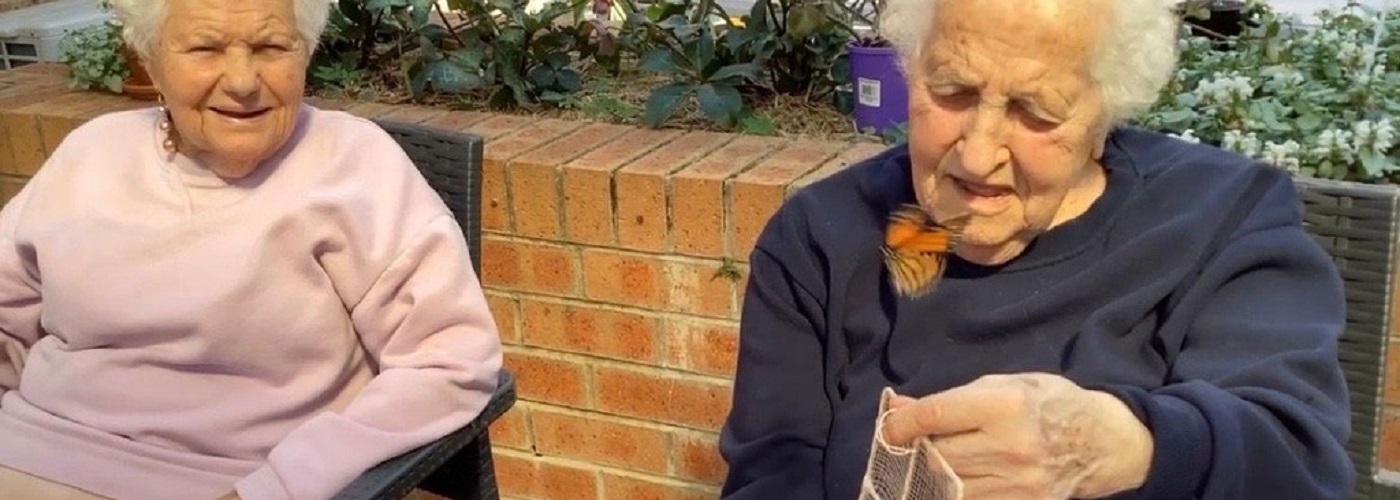 Two elderly ladies releasing a butterfly from its cage 