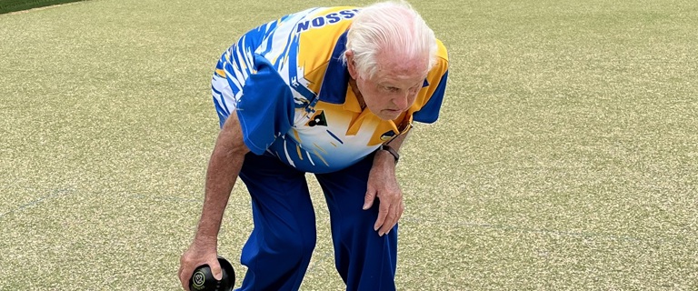 Coastal Waters resident Doug playing bowls at 95 Coastal Waters resident Doug playing bowls at 95