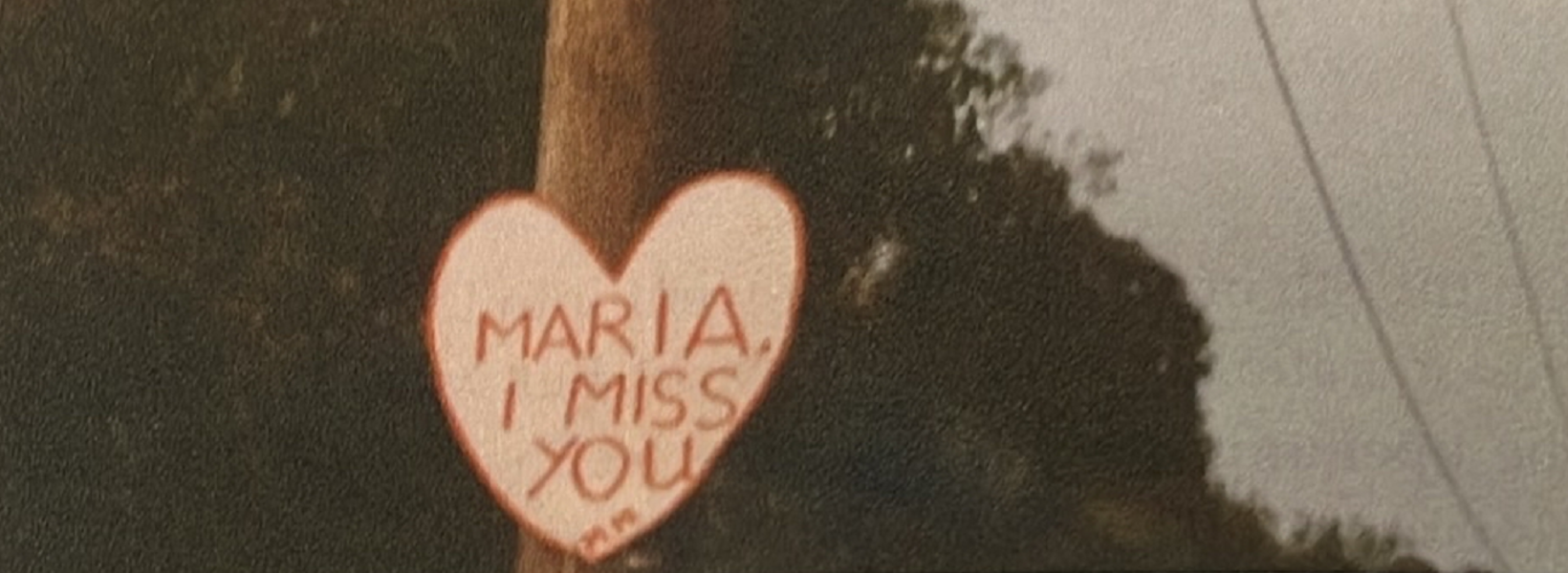 Michael's sign for Maria reading 'Maria, I miss you' Michael's sign for Maria reading 'Maria, I miss you'