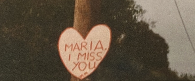 Michael's sign for Maria reading 'Maria, I miss you' Michael's sign for Maria reading 'Maria, I miss you'