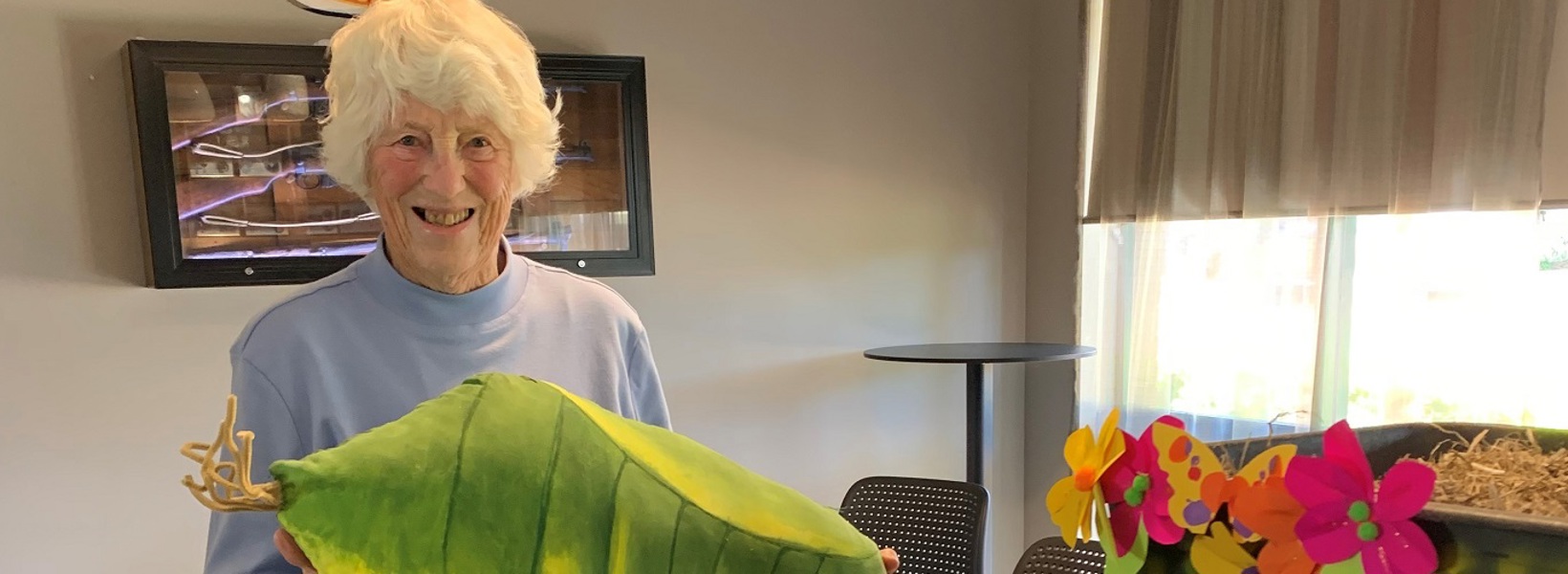 Dorothy Sherratt with cocoon for float Dorothy Sherratt with cocoon for float