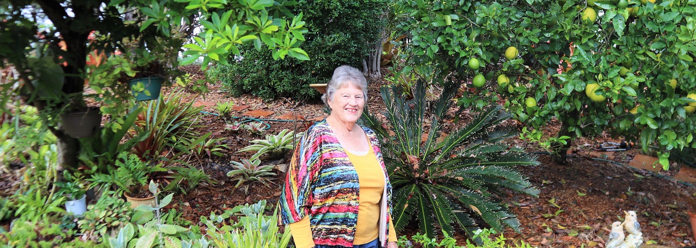 Wendy in her garden at Bongaree